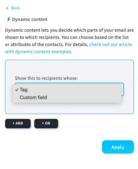 GetResponse dynamic content settings allowing users to customize email content based on specific contact tags or custom fields.
